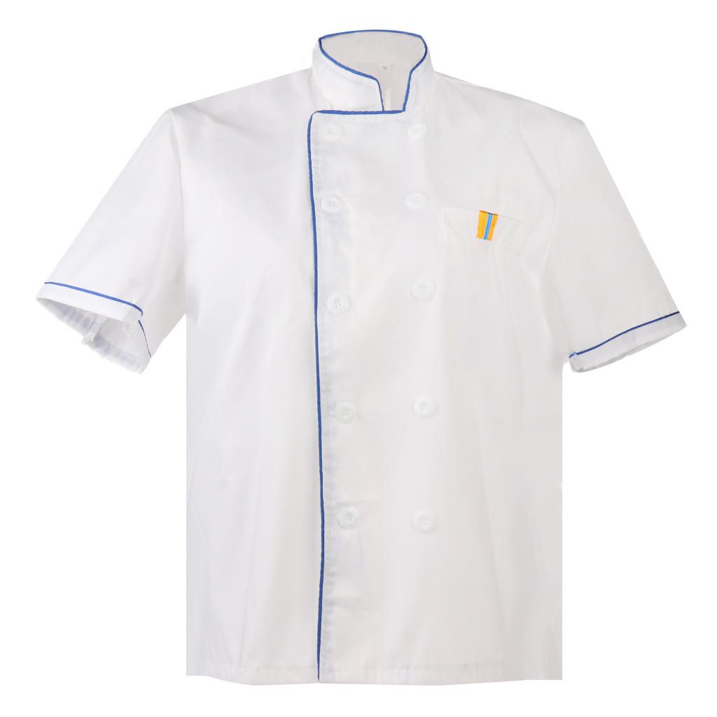 Ladies Gentleman Single Breasted Short Sleeve Cook Chef Jacket XL Blue