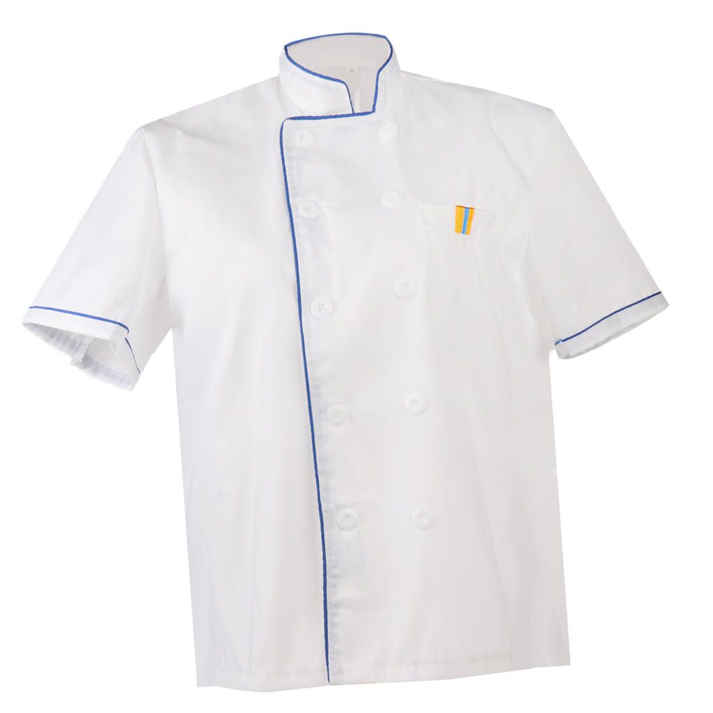 Ladies Gentleman Single Breasted Short Sleeve Cook Chef Jacket XL Blue