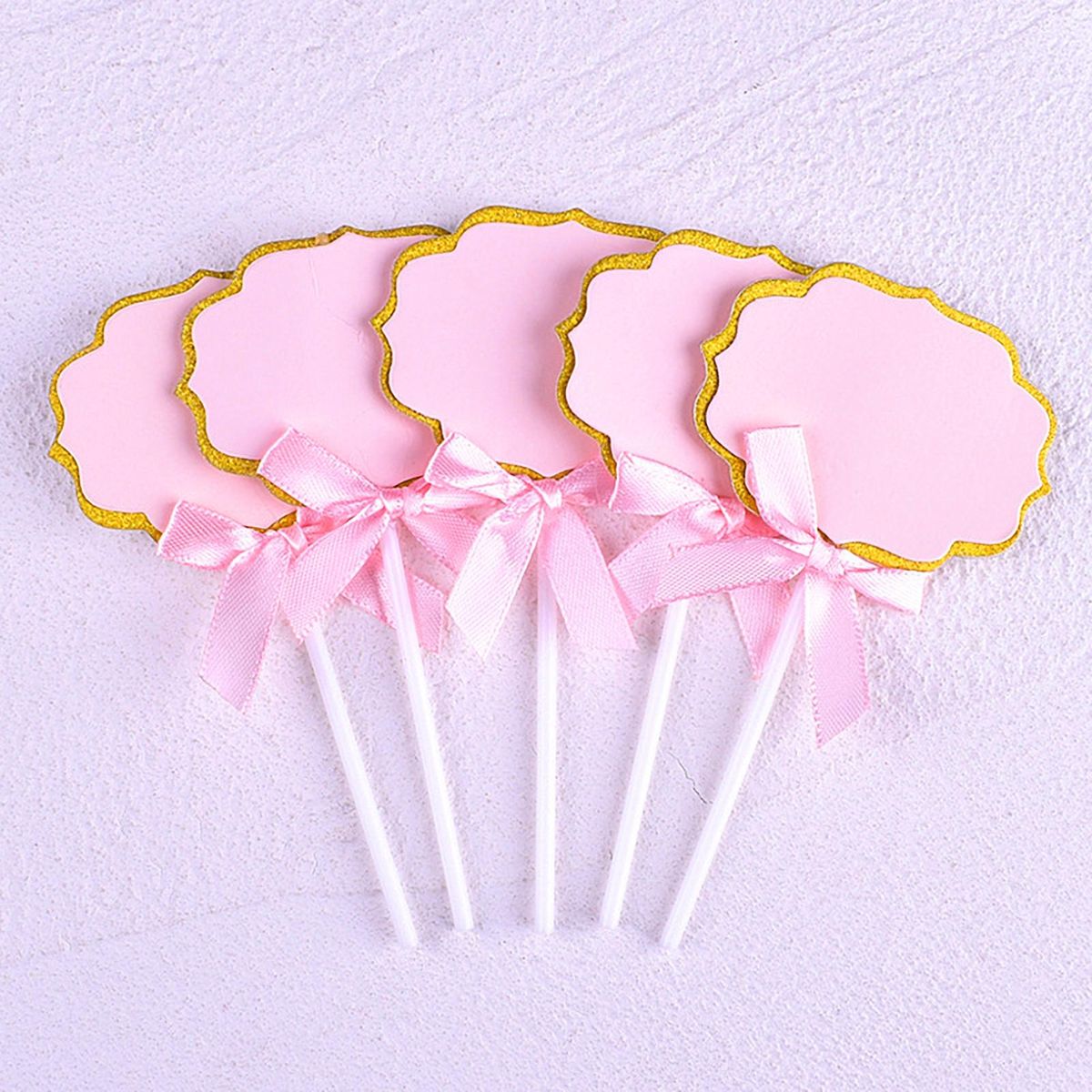 Birthday Cake Topper 50pcs Cupcake Topper Label Marker Kit with Ribbon Pink