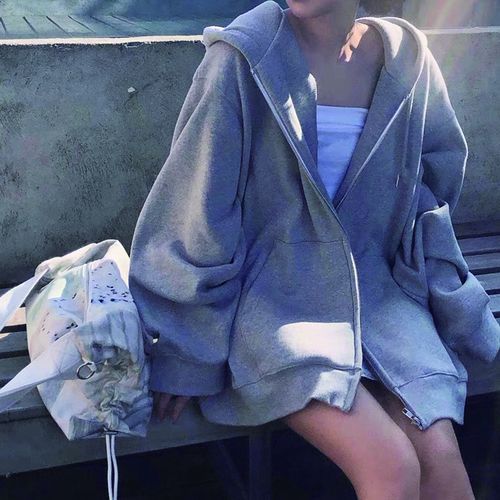 Oversized Zip Up Hoodie Women Plain Korean Fashion Simple Sweatshirt Pockets Big Size 5xl Poleron Baggy Solid Hoodie Drawstring(#grey Hoodie)