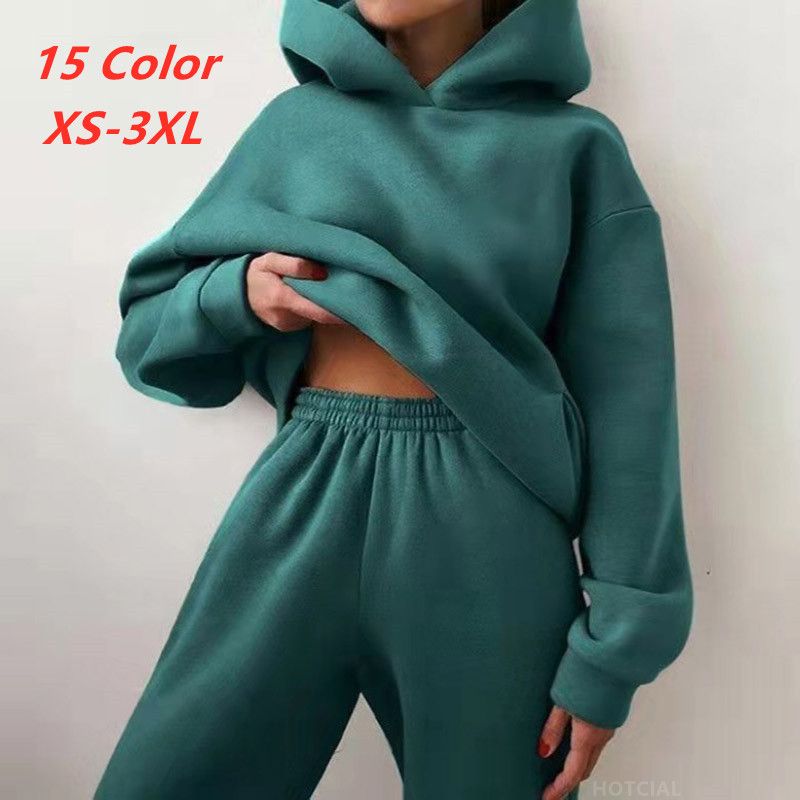 Women Tracksuit Hoodies Casual Solid Long Sleeve Fleece Warm Hooded Sportswear Suit Hoody Pullovers Long Pant Two Pieces Sets(#khaki)