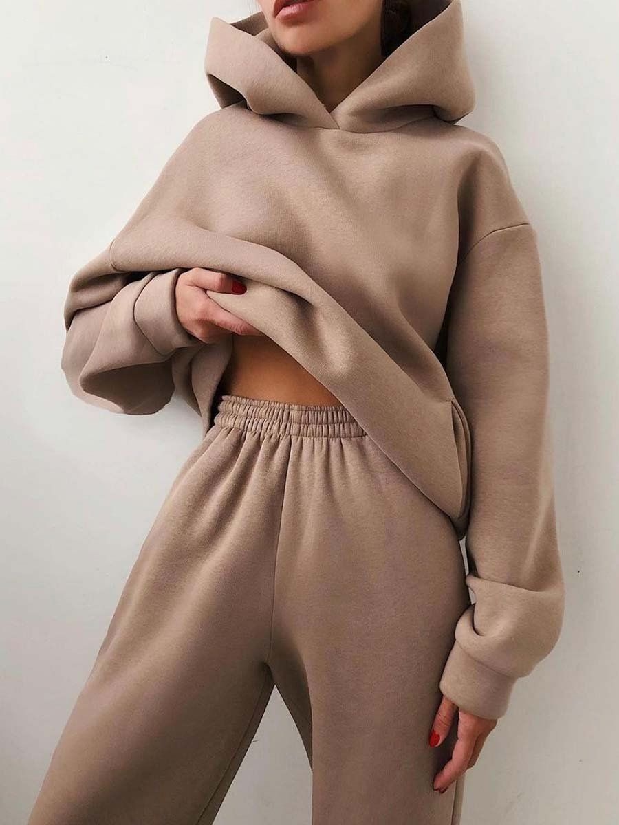 Women Tracksuit Hoodies Casual Solid Long Sleeve Fleece Warm Hooded Sportswear Suit Hoody Pullovers Long Pant Two Pieces Sets(#khaki)