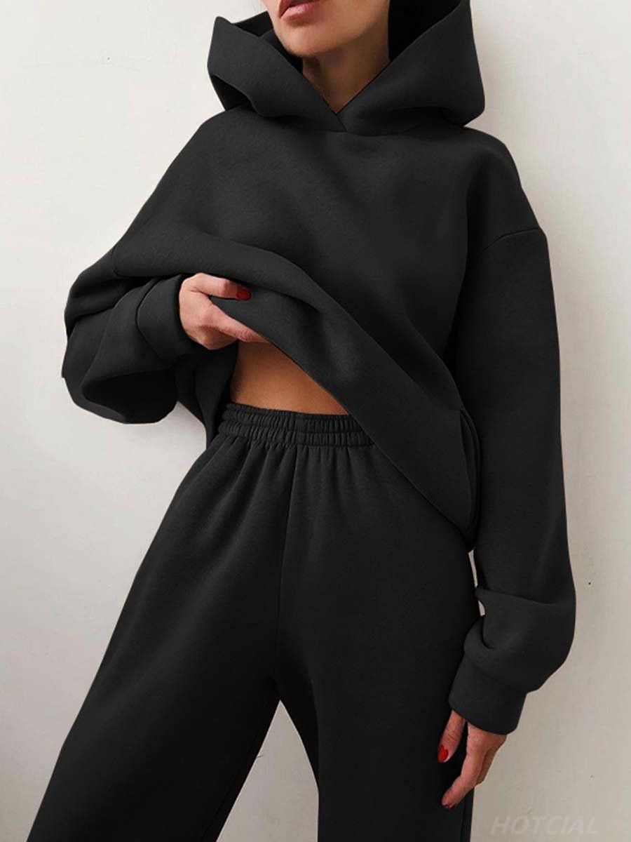 Women Tracksuit Hoodies Casual Solid Long Sleeve Fleece Warm Hooded Sportswear Suit Hoody Pullovers Long Pant Two Pieces Sets(#khaki)
