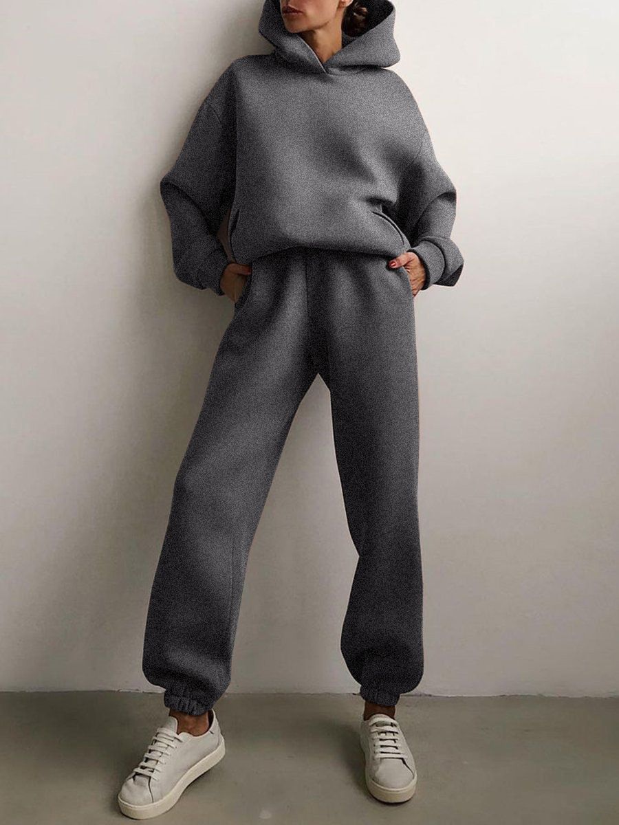 Women Tracksuit Hoodies Casual Solid Long Sleeve Fleece Warm Hooded Sportswear Suit Hoody Pullovers Long Pant Two Pieces Sets(#khaki)
