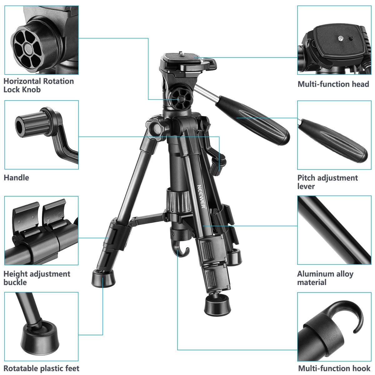 Mini Travel Tabletop Camera Tripod 24 Inches/62 Centimeters, Portable Aluminum With 3-Way Swivel Pan Head For DSLR Camera,Smartphones,DV Video Up To 6.6 Pounds/3 Kilograms (T210)