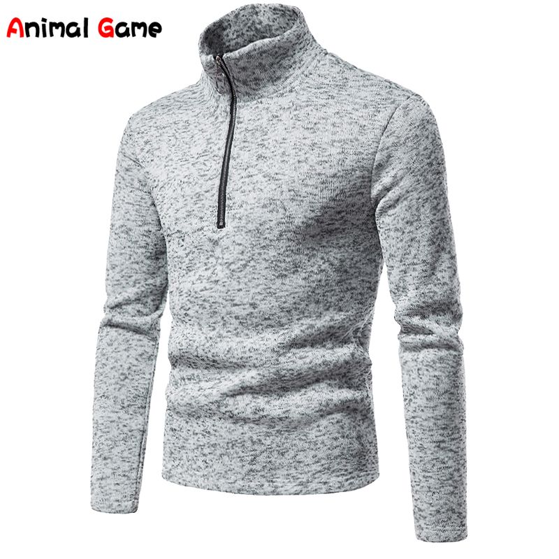 Warm Men's Long Sleeve Sweater Fashion Stand Collar Zipper Sweater Casual Solid-Black