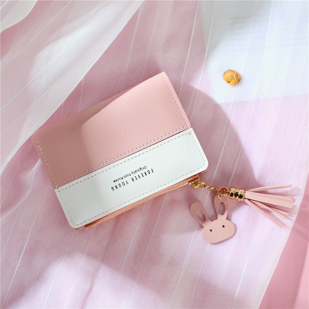 Women Short Wallet Panelled Letters Small Zipper Purse Tassel Soft Wallets Cute Rabbit Simple Card Holder Red Pink Money Bag-Pink