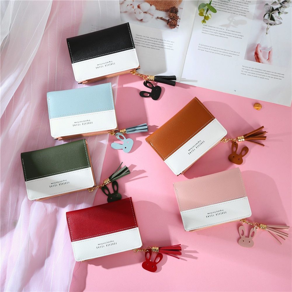 Women Short Wallet Panelled Letters Small Zipper Purse Tassel Soft Wallets Cute Rabbit Simple Card Holder Red Pink Money Bag-Pink