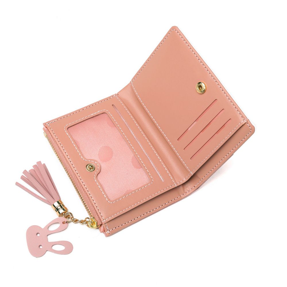 Women Short Wallet Panelled Letters Small Zipper Purse Tassel Soft Wallets Cute Rabbit Simple Card Holder Red Pink Money Bag-Pink