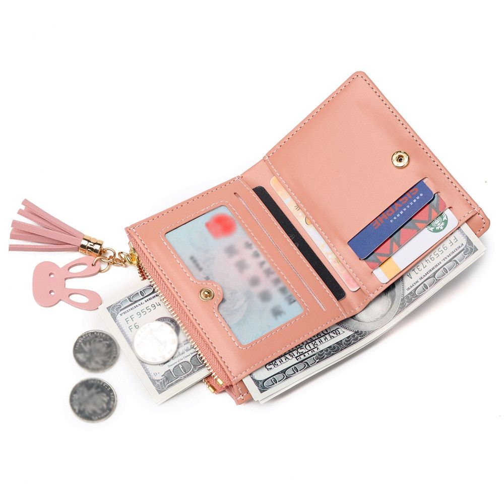Women Short Wallet Panelled Letters Small Zipper Purse Tassel Soft Wallets Cute Rabbit Simple Card Holder Red Pink Money Bag-Pink