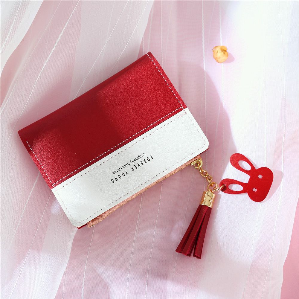 Women Short Wallet Panelled Letters Small Zipper Purse Tassel Soft Wallets Cute Rabbit Simple Card Holder Red Pink Money Bag-Pink