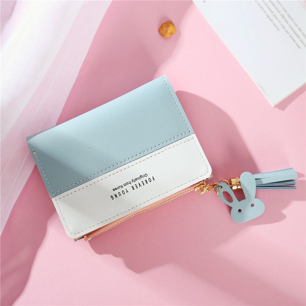 Women Short Wallet Panelled Letters Small Zipper Purse Tassel Soft Wallets Cute Rabbit Simple Card Holder Red Pink Money Bag-Pink