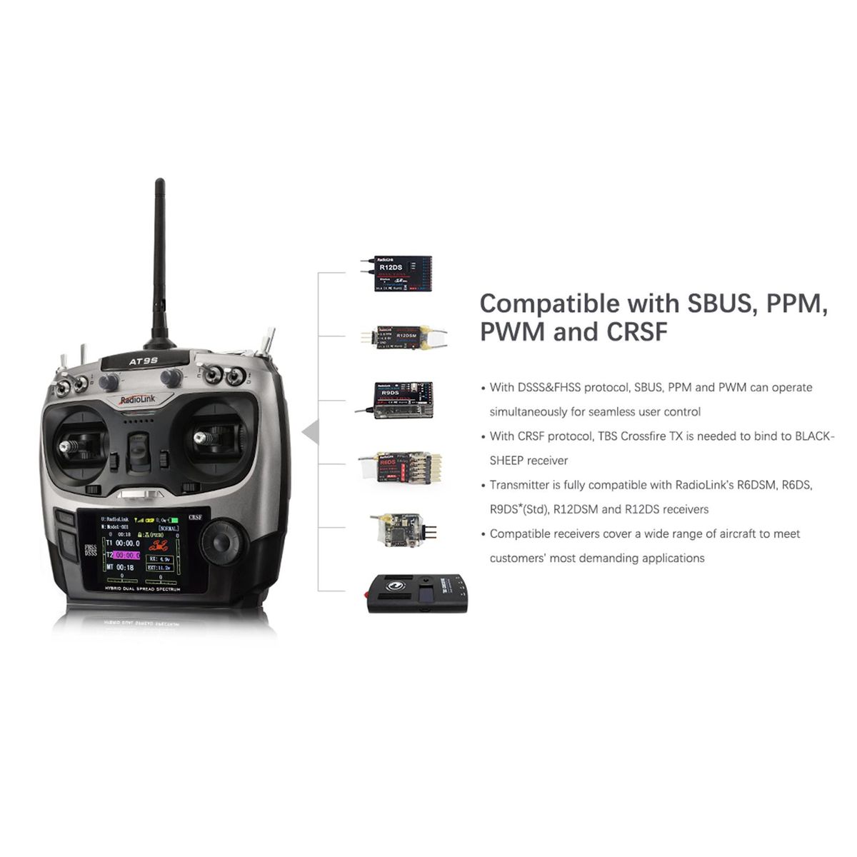 Radiolink AT9S Pro 12 Channels 2.4G RC Transmitter Radio Controller Mode 1 Support Crossfire Protocol with RX R9DS for RC Airplane