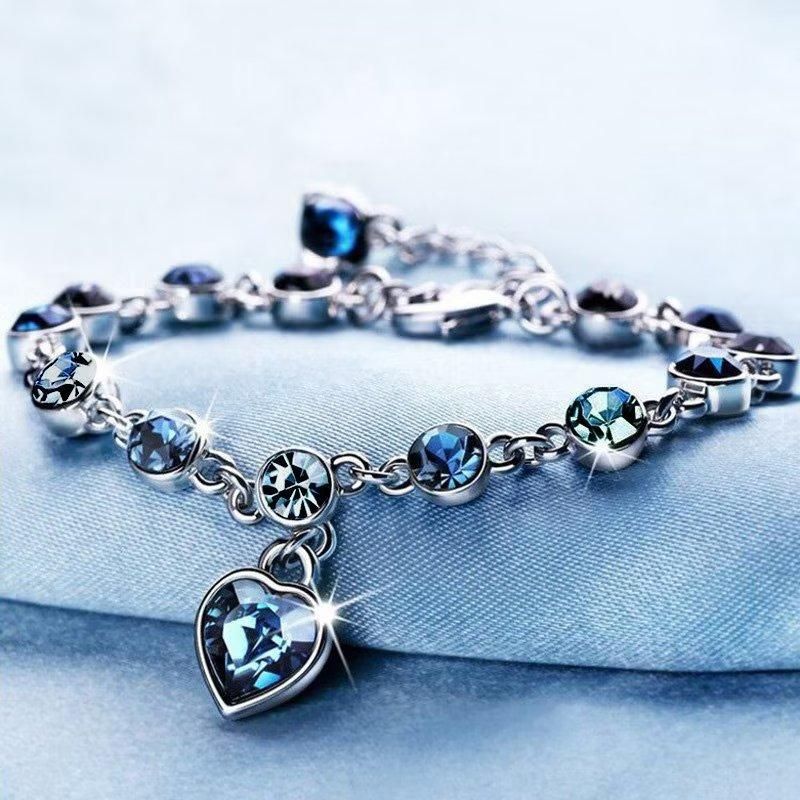 Ladies Blue Diamond Bracelet Love Bracelets Wrist Chain Jewelry Women's Gift Silver
