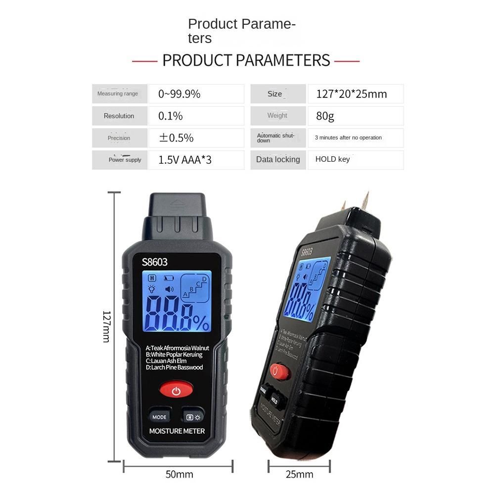 Two Pins Digital Wood Moisture Meter 0-999% Wood Humidity Tester Timber Damp Detector with LCD Display