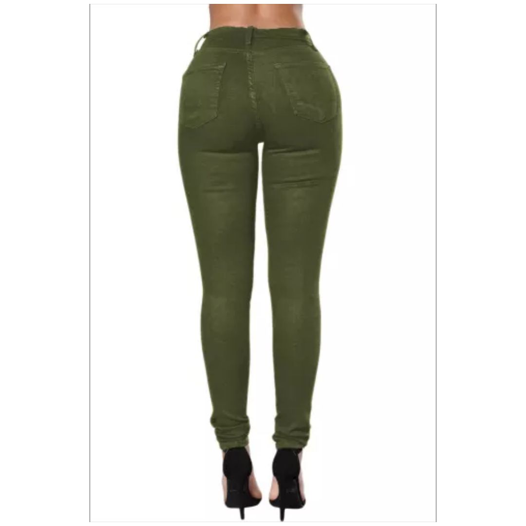 R Olive Green Trendy Slit Knee Denim Pants