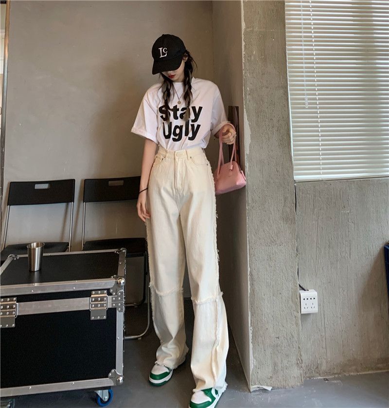 Women White Jeans High Waist Wide Leg Baggy Jeans Y2k E Girl Explosive