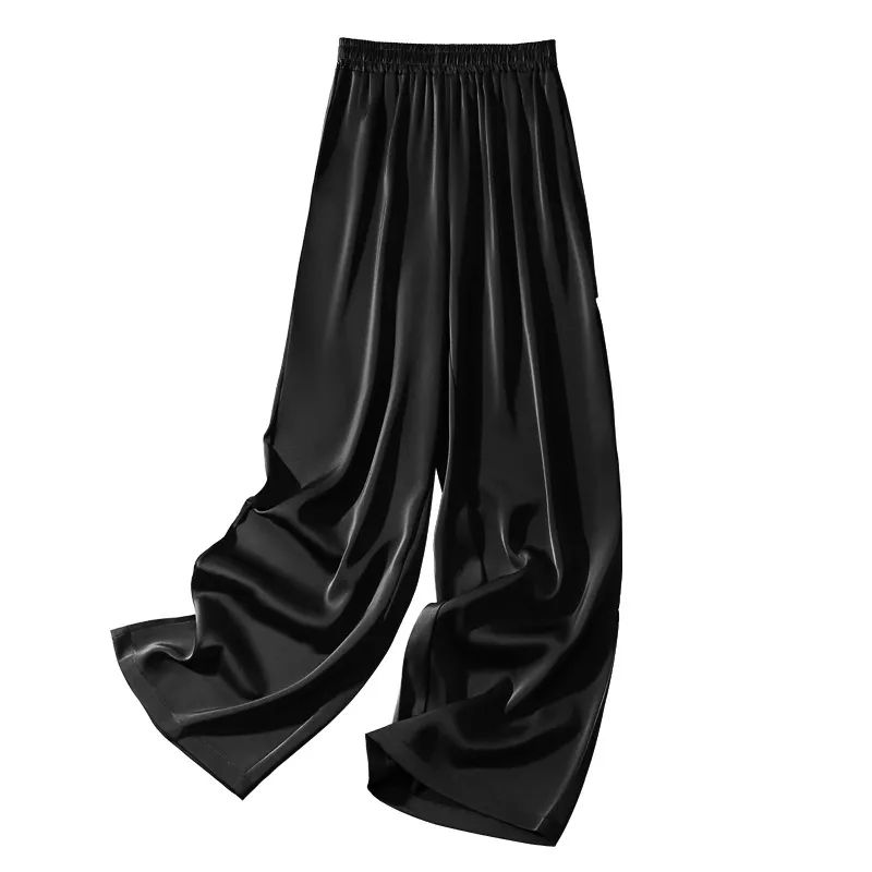 Black Satin Silk Loose Wide Leg Palazzo High Elastic Band Waist Casual Comfy Pants