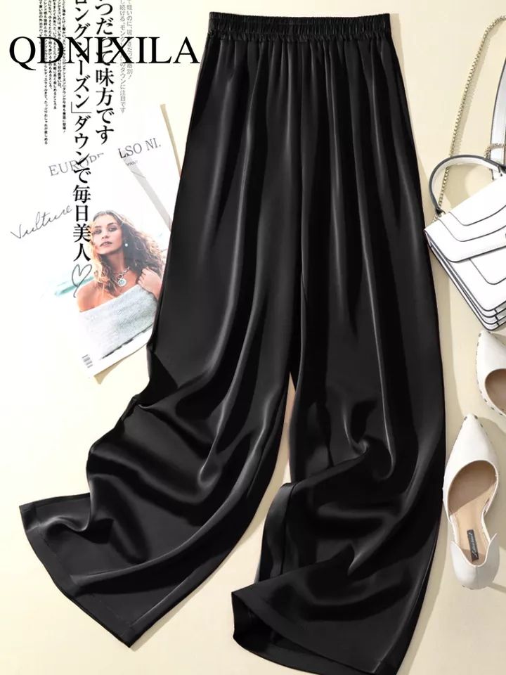 Black Satin Silk Loose Wide Leg Palazzo High Elastic Band Waist Casual Comfy Pants