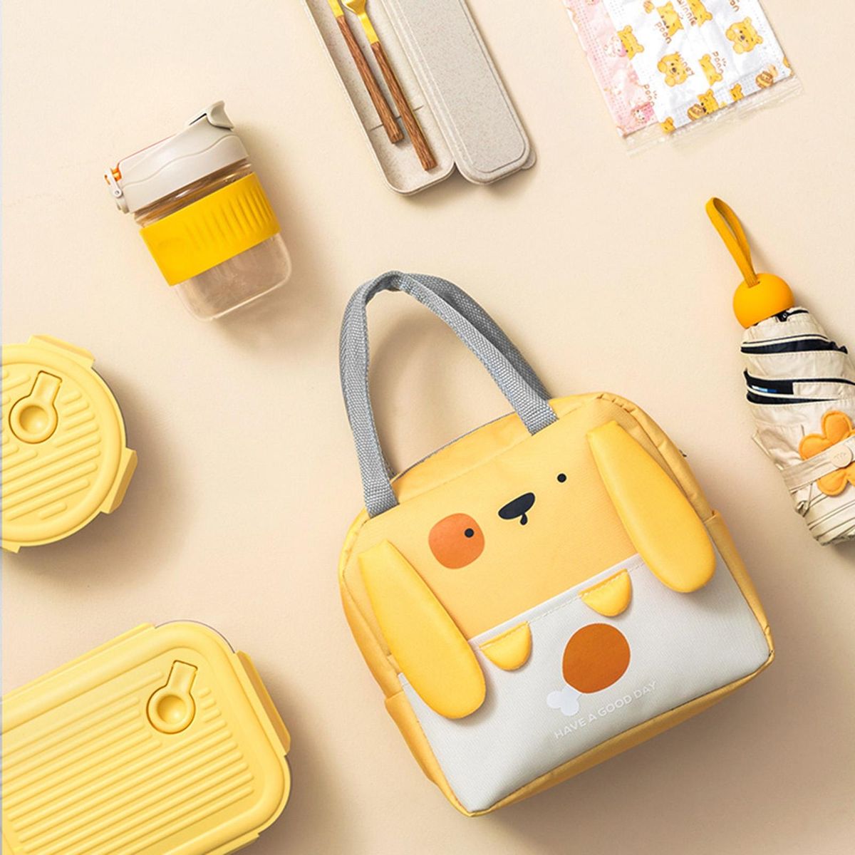 Thermal Lunch Bag Portable Bear Dog Shape Insulated Lunch Bag Yellow
