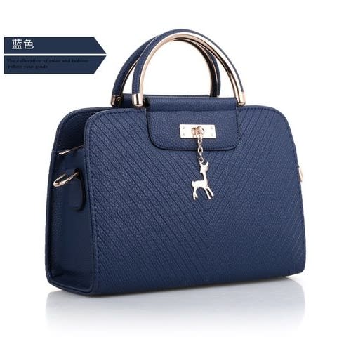 Ladies Pu Leather With Deer Design Handbag - Blue