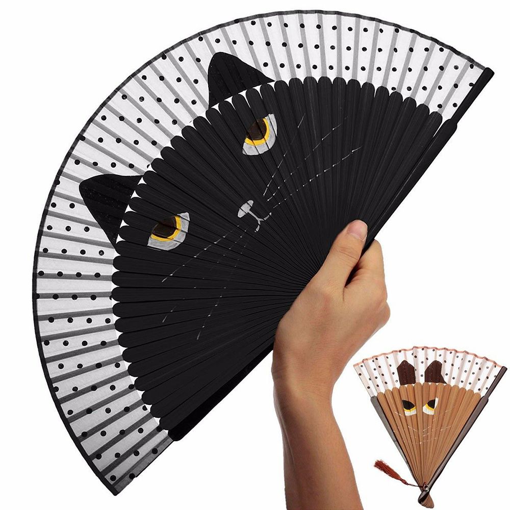 Fan Accessories Decoration For 1pcs Fan Bamboo Japanese Women Folding Cat Hand Folding Gift Fan Craft Silk Cat Fan Fan Silk Home