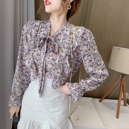 Floral Side Frill Blouse - Purple