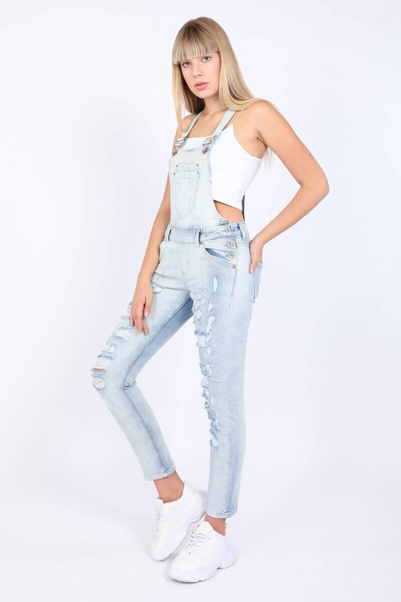 Women's Ripped Detailed Jean Overalls