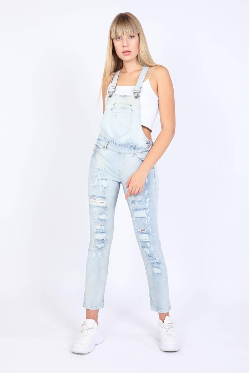Women's Ripped Detailed Jean Overalls