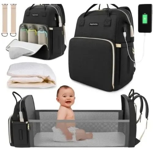 Folding Diaper Bag With Convertible Crib Space - Black