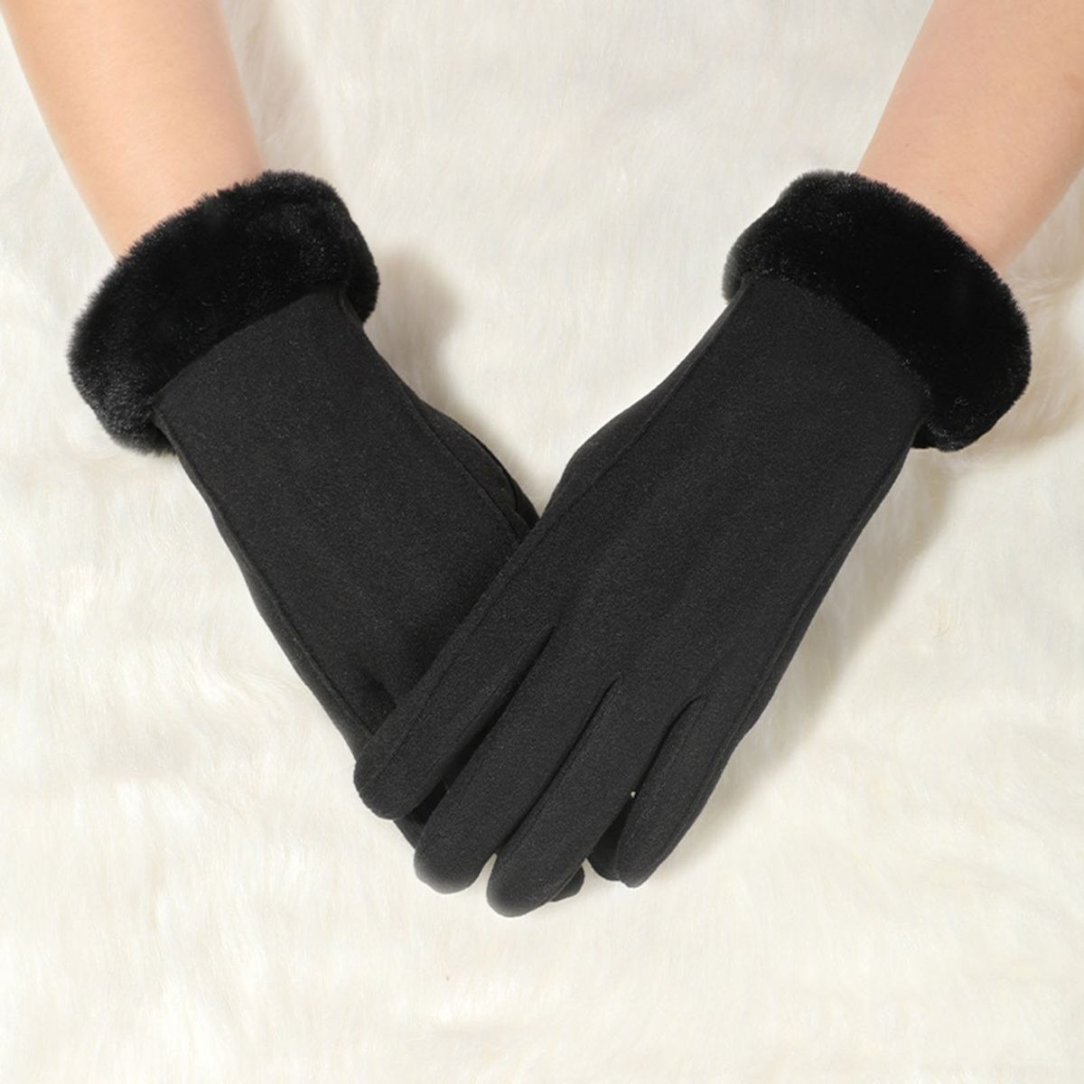 1 Pair Women Gloves Fluffy Cuffs Touch Screen Black