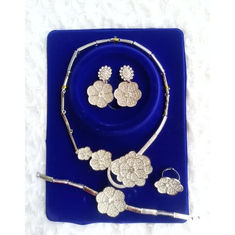 Stoned Flower Necklace Earring Bangle And Ring Jewelry Set - 4 In 1