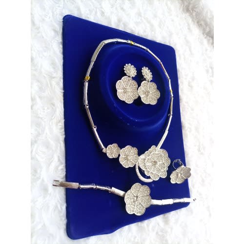 Stoned Flower Necklace Earring Bangle And Ring Jewelry Set - 4 In 1