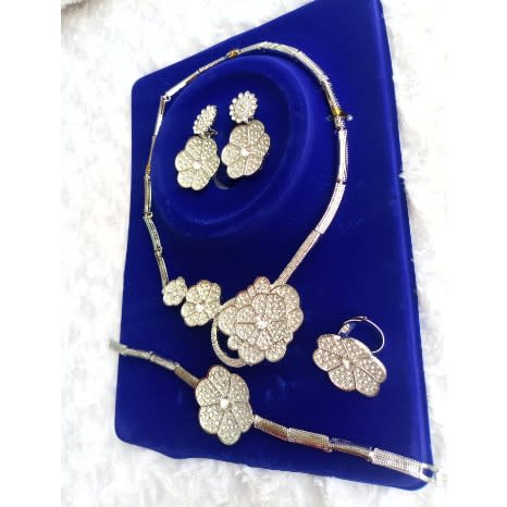 Stoned Flower Necklace Earring Bangle And Ring Jewelry Set - 4 In 1