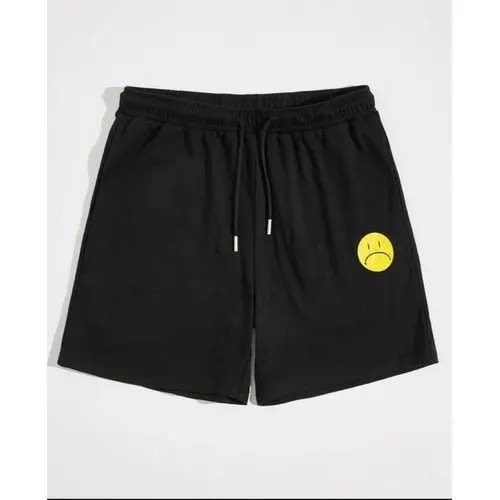 Men's Plain Black Cotton Shorts With Smiley