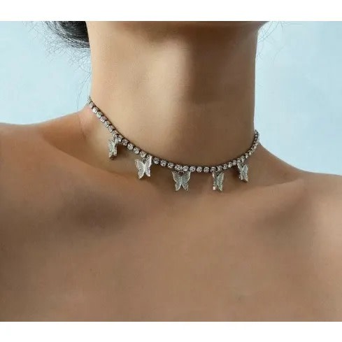 Ladies Butterfly Choker Necklace - Silver - 6X6"