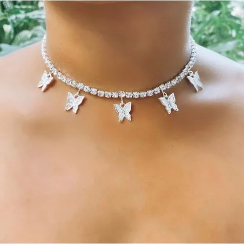 Ladies Butterfly Choker Necklace - Silver - 6X6"