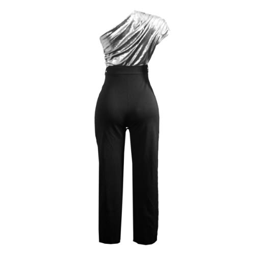 Metallic One Shoulder Jumpsuit - Black/silver
