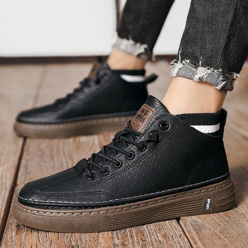 Young Man Casual High Top Leather Shoes Fashion Shoes - Black
