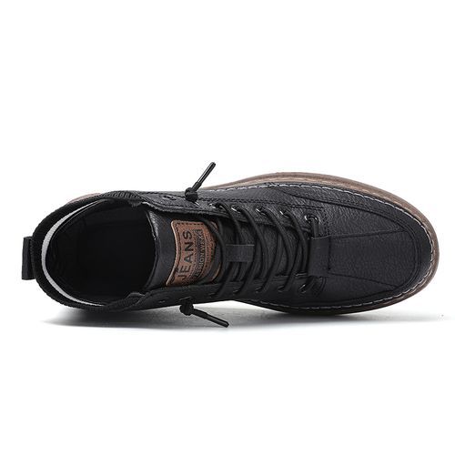 Young Man Casual High Top Leather Shoes Fashion Shoes - Black
