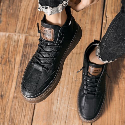 Young Man Casual High Top Leather Shoes Fashion Shoes - Black