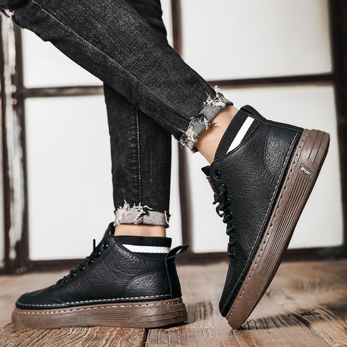 Young Man Casual High Top Leather Shoes Fashion Shoes - Black