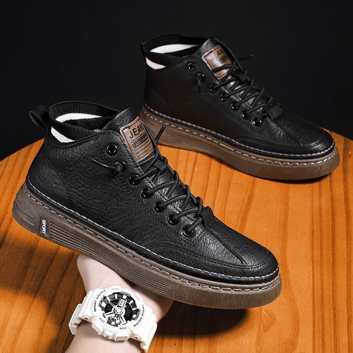 Young Man Casual High Top Leather Shoes Fashion Shoes - Black