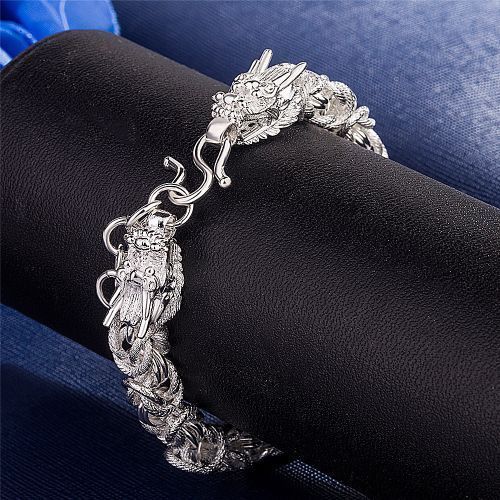 Handmade Frosted Cloth Pattern Dragon Head Bracelet Retro Men's Silver Jewelry