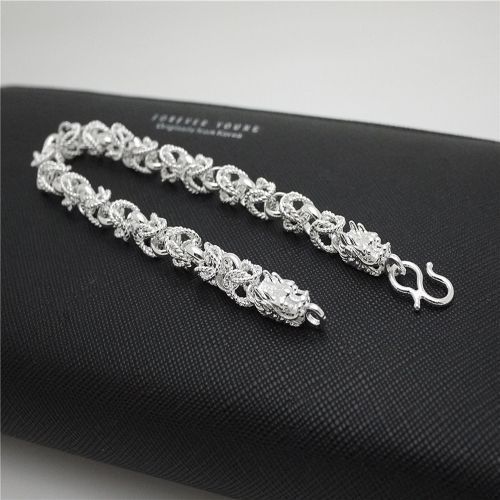 Handmade Frosted Cloth Pattern Dragon Head Bracelet Retro Men's Silver Jewelry