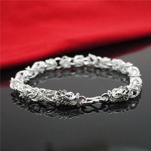 Handmade Frosted Cloth Pattern Dragon Head Bracelet Retro Men's Silver Jewelry