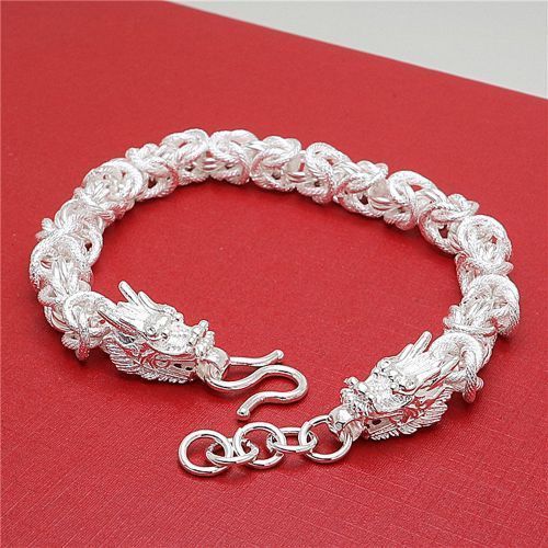 Handmade Frosted Cloth Pattern Dragon Head Bracelet Retro Men's Silver Jewelry