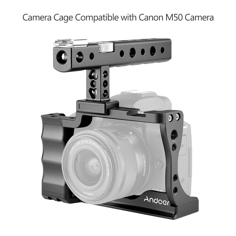 Andoer Camera Cage + Top Handle Kit Aluminum Alloy with Cold Shoe Mount Compatible with Canon EOS M50 DSLR Camera