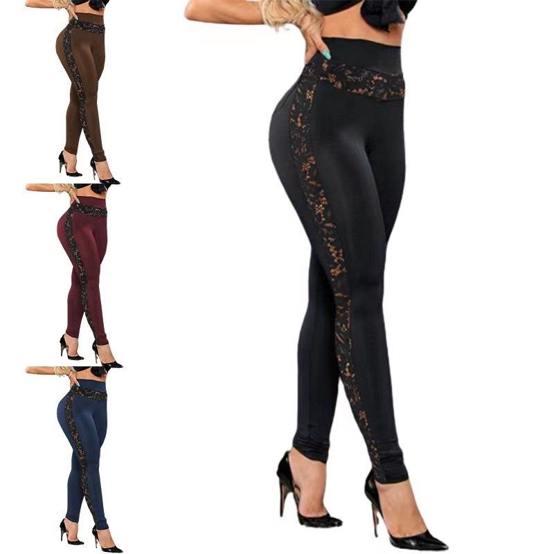 {MijaGrace} Women's High Waist Lace Patchwork Elastic Leggings Pants-BLACK-S-5XL