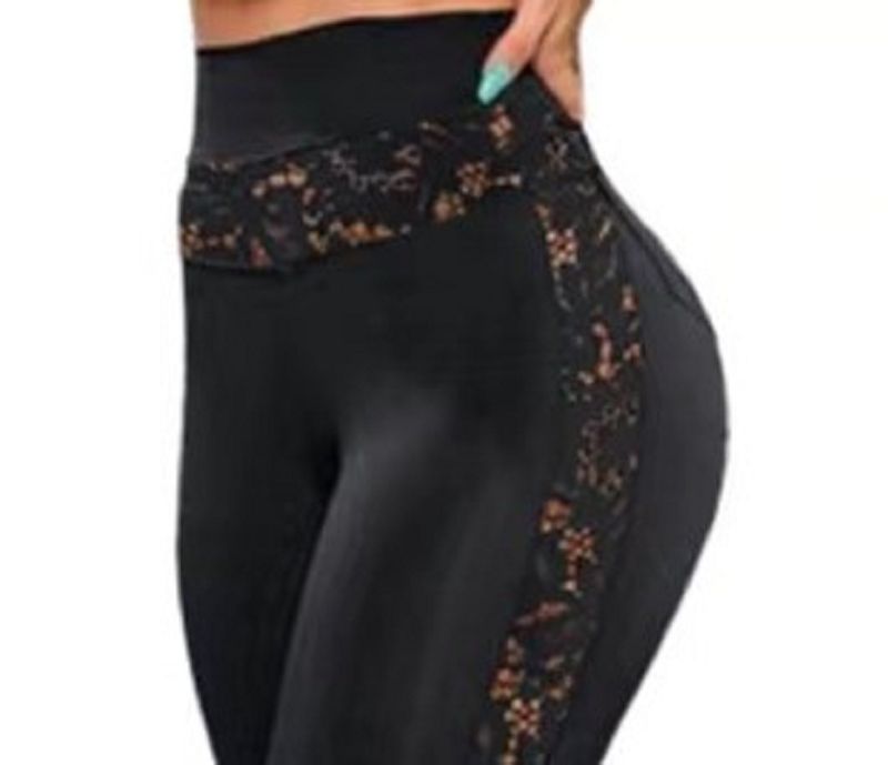 {MijaGrace} Women's High Waist Lace Patchwork Elastic Leggings Pants-BLACK-S-5XL
